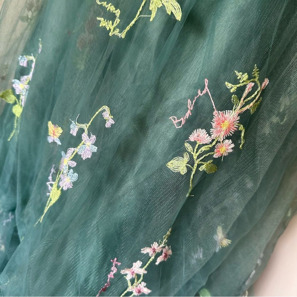 Corset Floral Embroidered Green Ruched Layered Tulle Flower  Midi Prom Dress - Picture 12 of 13